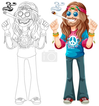 Bunter Hippie mit Friedenssymbolen und Joint.