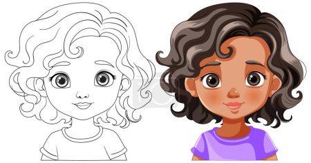 Illustration for Two styles of a girl's portrait, colorful and outlined - Royalty Free Image