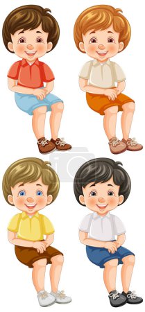 Ilustración de Cuatro chicos animados alegres sentados y sonriendo. - Imagen libre de derechos
