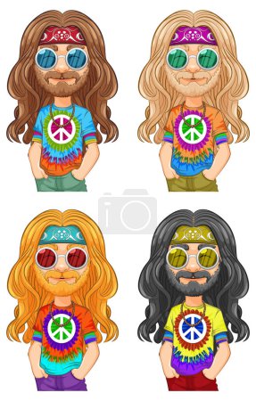Cuatro personajes hippies con vibrantes camisas de tie-dye y gafas de sol.