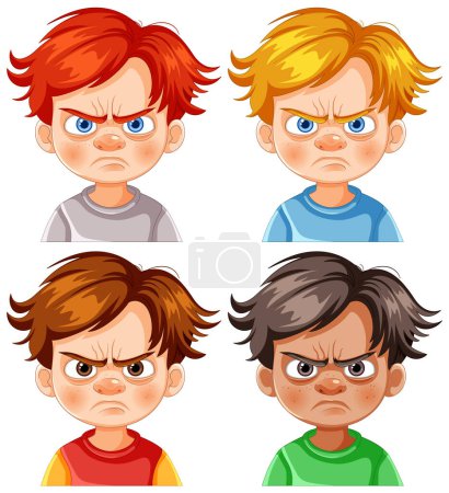 Ilustración de Cuatro niños de dibujos animados que muestran varias expresiones de enojo. - Imagen libre de derechos