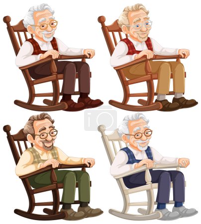 Four cheerful elderly men sitting in rocking chairs.