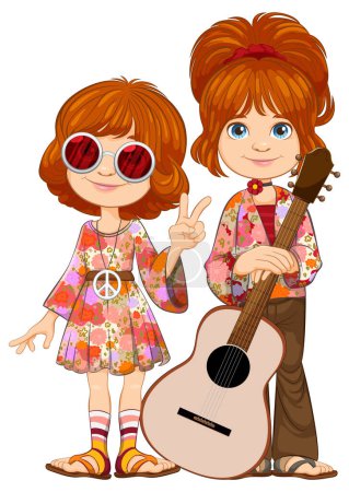 Cartoon children in retro outfits with musical theme.