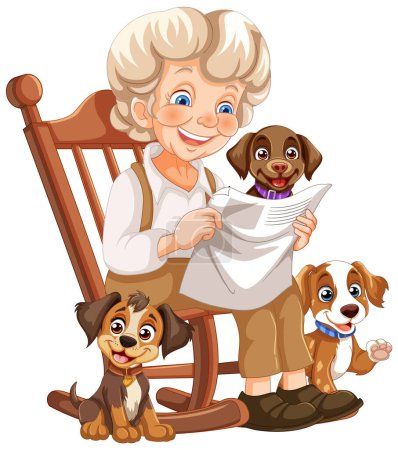 Illustration for Elderly woman enjoys reading with her dogs. - Royalty Free Image