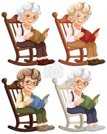 Téléchargez les illustrations : Quatre grands-mères assises, lisant des livres sur des chaises - en licence libre de droit