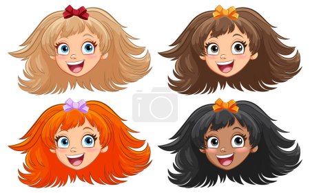Téléchargez les illustrations : Quatre filles de bande dessinée souriantes avec différentes couleurs de cheveux - en licence libre de droit