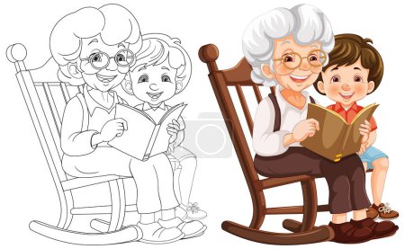 Illustration for Colorful and line art of a grandmother and child reading. - Royalty Free Image