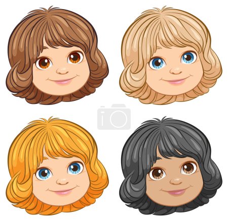Cuatro niños de dibujos animados con diferentes colores de cabello.