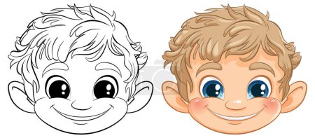 Illustration for Cartoon boy's face, black and white and colored versions. - Royalty Free Image