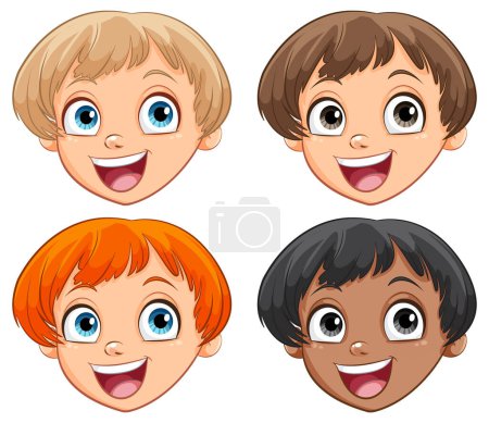 Téléchargez les illustrations : Quatre enfants de bande dessinée avec des expressions gaies et la diversité - en licence libre de droit