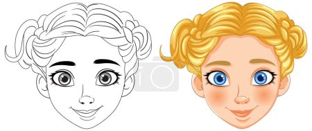 Téléchargez les illustrations : Illustration vectorielle du visage d'une fille, avant et après la coloration. - en licence libre de droit