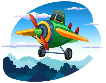 Cartoon-Flugzeug fliegt über malerischen Bergen