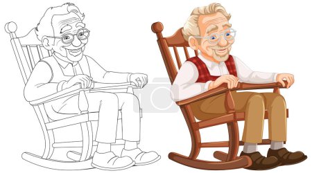 Colorful and sketched versions of a content senior man.