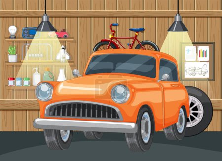 Téléchargez les illustrations : Voiture orange classique et vélo rouge dans un garage confortable - en licence libre de droit