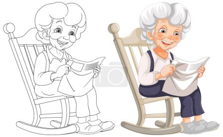 Téléchargez les illustrations : Dame âgée souriante, papier de lecture dans un fauteuil à bascule. - en licence libre de droit
