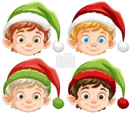 Vier Cartoon-Elfen mit Weihnachtsmützen lächeln.