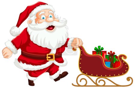 Téléchargez les illustrations : Joyeux Père Noël tirant un traîneau avec des cadeaux de Noël. - en licence libre de droit
