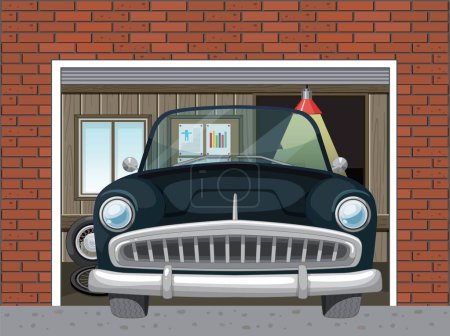 Téléchargez les illustrations : Voiture classique dans un garage résidentiel - en licence libre de droit