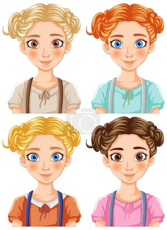 Téléchargez les illustrations : Quatre filles de bande dessinée différentes avec des coiffures uniques. - en licence libre de droit