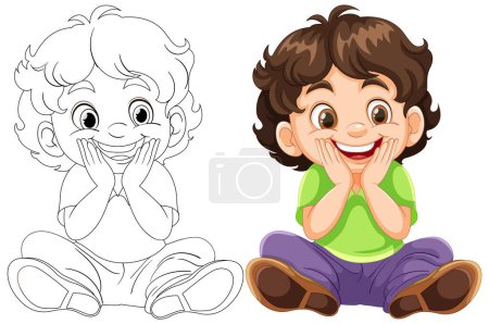 Ilustración de Colorido y arte de línea de un niño feliz sentado - Imagen libre de derechos