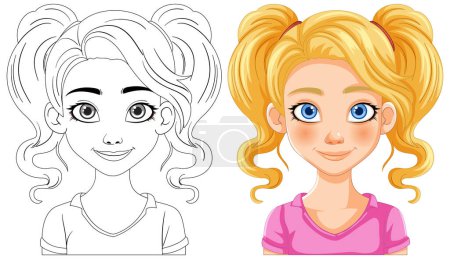 Vector illustration of a girl, black and white and colored versions.