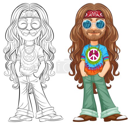 Illustration for Colorful and detailed hippie character with peace symbols. - Royalty Free Image