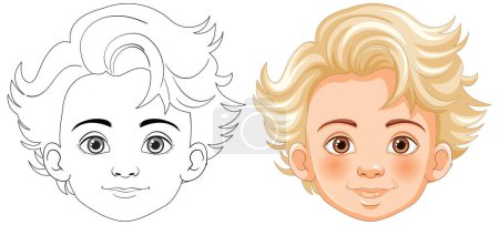 Téléchargez les illustrations : Illustration vectorielle du visage d'un enfant, avant et après la coloration - en licence libre de droit