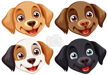 Téléchargez les illustrations : Quatre joyeux visages de chien de dessin animé souriant. - en licence libre de droit
