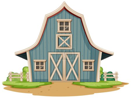 Cartoon-style blue barn with white trim and greenery.