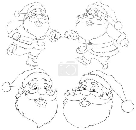 Vier fröhliche Weihnachtsmann-Skizzen zum Ausmalen.