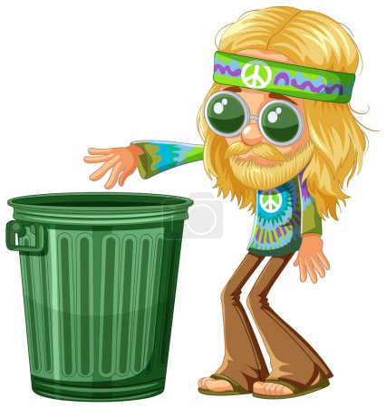 Téléchargez les illustrations : Dessin animé hippie personnage à côté d'une poubelle verte. - en licence libre de droit