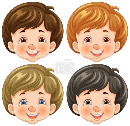 Téléchargez les illustrations : Quatre enfants joyeux dessin animé avec différentes coiffures - en licence libre de droit