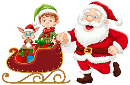 Illustration for Santa, elf, and reindeer with a sleigh of presents. - Royalty Free Image