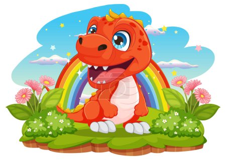Ilustración de Feliz dinosaurio de dibujos animados con un fondo de arco iris - Imagen libre de derechos