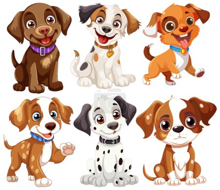 Illustration for Six cute vector puppies with playful expressions. - Royalty Free Image