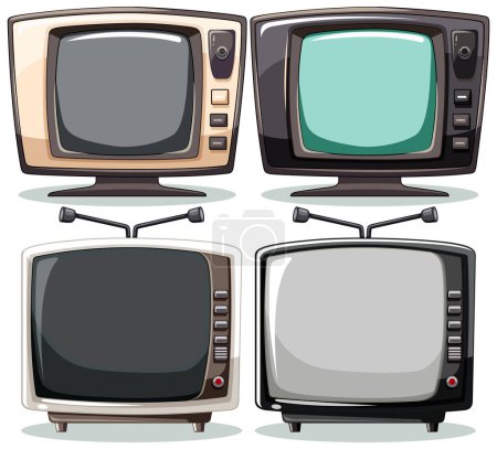 Vier Retro-Fernseher mit unterschiedlichen Bildschirmfarben.