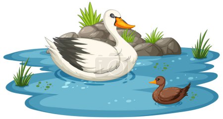 Illustration for Vector illustration of ducks in a peaceful pond - Royalty Free Image
