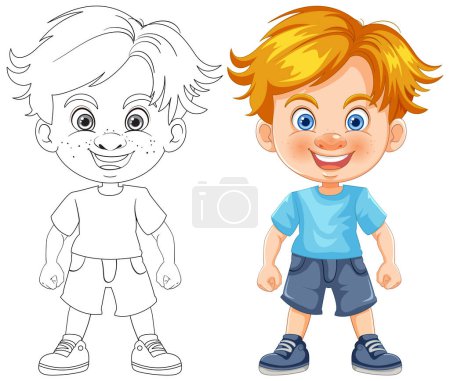Téléchargez les photos : Illustration vectorielle d'un garçon, art coloré et linéaire - en image libre de droit