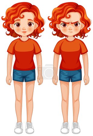 Vector art of girl showing contrasting emotions