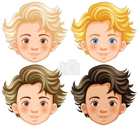 Téléchargez les illustrations : Quatre illustrations de dessins animés de visages de jeunes garçons. - en licence libre de droit
