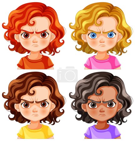 Ilustración de Cuatro niños de dibujos animados que muestran varias expresiones de enojo. - Imagen libre de derechos