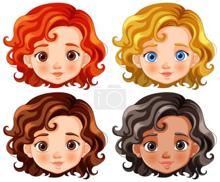 Vier Cartoon-Kinder mit unterschiedlichen Haaren und Hauttönen.