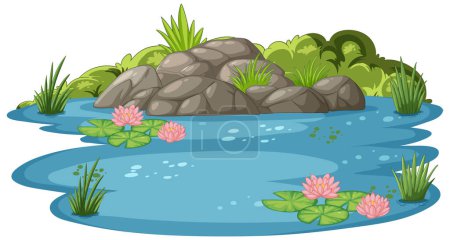 Ilustración de Escena de agua tranquila con rocas y lirios de agua. - Imagen libre de derechos