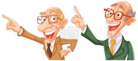 Illustration for Two animated elderly men pointing and smiling. - Royalty Free Image