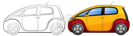 Ilustración de Dibujos de coche compactos delineados y coloreados lado a lado. - Imagen libre de derechos