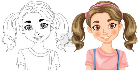Illustration for Vector illustration of a girl, before and after coloring - Royalty Free Image