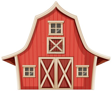 Cartoon-style red barn with white trim details.