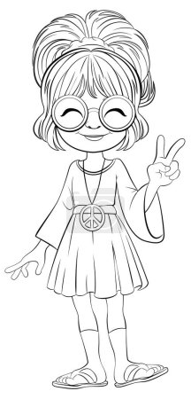 Cartoon girl in vintage dress showing peace sign.