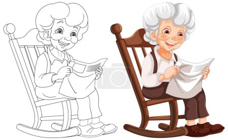 Colorful and line art illustrations of a reading grandma.