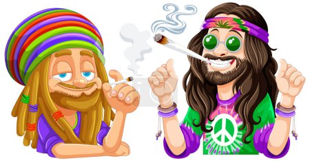 Illustration for Two cartoon hippies smoking and smiling together. - Royalty Free Image